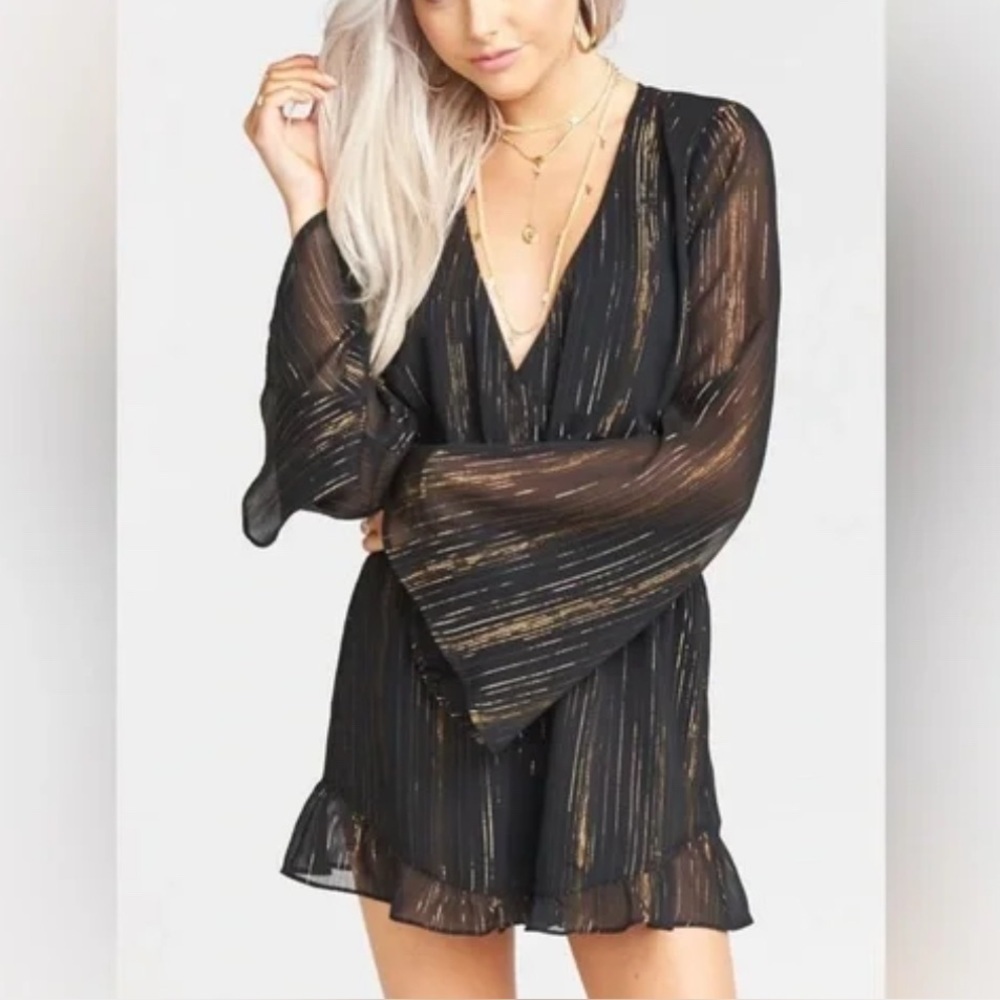 Show me Your Mumu Romper Bell Sleeve Sparkle And Shine Metallic Mini Small